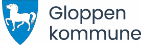 Rexuma vårdrumspanel Logotypen består av en blå sköld med en vit häst till vänster, som symboliserar styrka ungefär som ett sjukhus, och orden Gloppen kommune i mörkgrå text till höger.