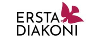 Rexuma vårdrumspanel Logotyp med orden ERSTA DIAKONI i svarta versaler, tillsammans med en stiliserad rödbrun duva uppe till höger i texten, som för tankarna till den känsla av omsorg som ofta finns i sjukhusmiljöer.