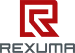 Rexuma vårdrumspanel Logotyp med en fet, stiliserad röd bokstav R i en fyrkantig kontur ovanför ordet REXUMA, i grått, modernt versalt typsnitt - perfekt för Vårdrumspanel eller sjukhus.