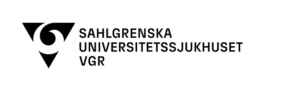 Rexuma vårdrumspanel Svartvit logotyp med en abstrakt triangulär symbol till vänster och texten "Sahlgrenska Universitetssjukhuset VGR" i feta versaler till höger.